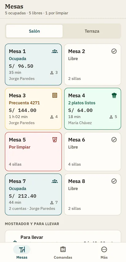 Mesas en la app de WaryPOS con mesas ocupadas, precuenta y platos listos