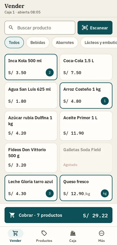 Pantalla Vender de la app de WaryPOS con productos de bodega, botón Escanear y Cobrar 7 productos