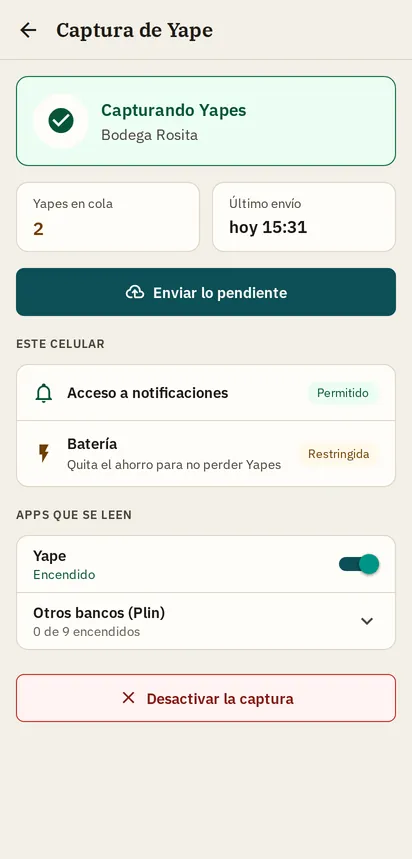 Pantalla Captura de Yape de la app: capturando Yapes, con Yape encendido