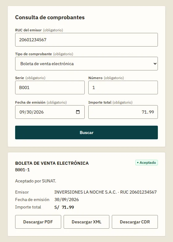 Boleta electrónica B001-1 aceptada por SUNAT con descargas de PDF, XML y CDR