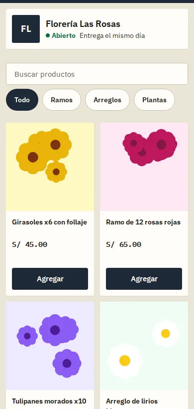 La tienda en línea de una florería vista desde el celular